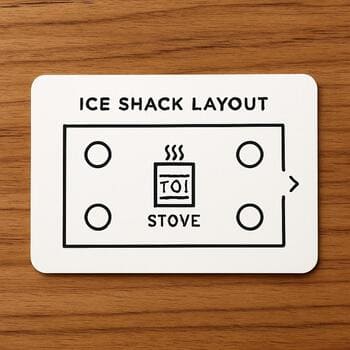 Printed ice shack layout card on a wooden table with a pencil