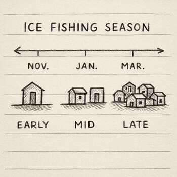 Notebook page with a vertical season timeline and small cabin layout thumbnails