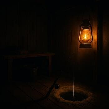 Solo ice shack at night with a bunk, lantern and two fishing holes