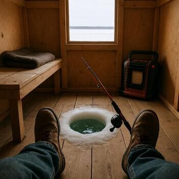 Inside view of a solo ice shack with a chair, small desk and two holes