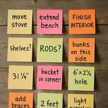 Row of sticky notes on a cabin wall, each with a simple layout sketch