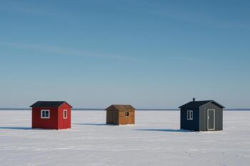 Three small ice shacks on a lake with soft light in each window