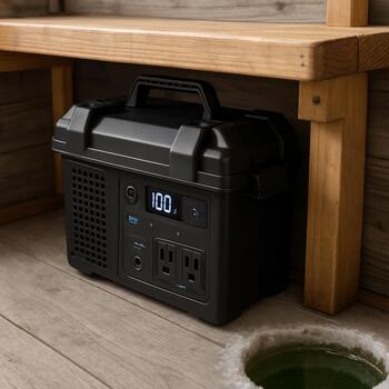 Battery box under a bench in an ice shack with cables neatly routed