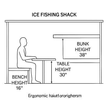 Side view of three different bench heights drawn along an ice shack wall