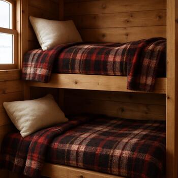Two bunks in an ice shack with layered wool blankets