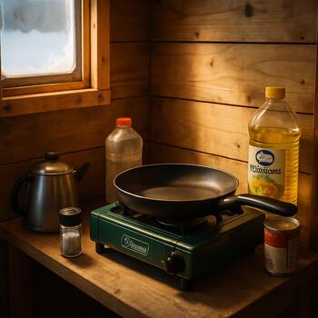 Small cooking corner in an ice shack with a pan on a stove