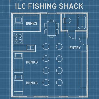 Square crew ice shack layout with a stove, table and staggered fishing holes