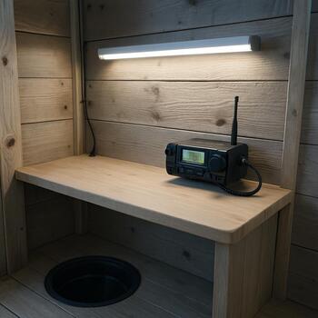 Small desk in an ice shack with a radio and LED strip powered from one cable