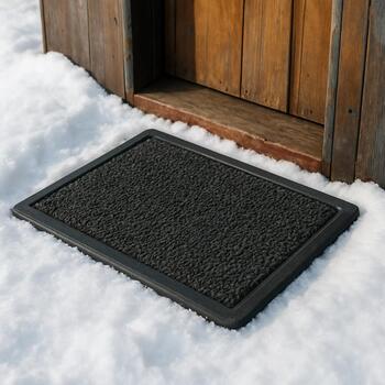 Mat and wooden boards placed in front of an ice shack door on snow