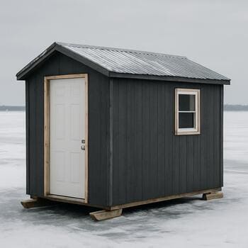 Ice shack with a door cut into the long wall and sleds parked along it