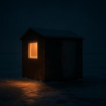 Night view of an ice shack with a door in the short wall glowing onto the snow