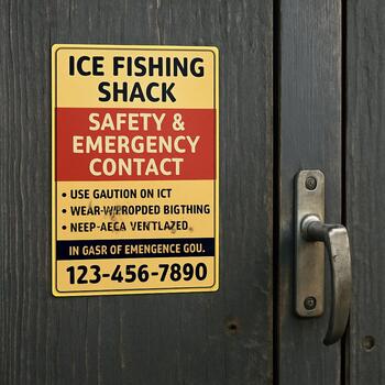Ice shack door with a safety checklist sticker and hooks for keys