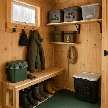 Ice shack entry with a wooden bench holding boots and a tackle box