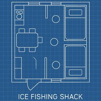Long ice shack layout with opposite benches and four fishing holes between them