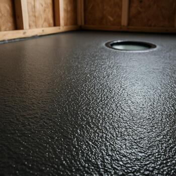 Dark textured floor coating inside an ice shack with a drilled fishing hole