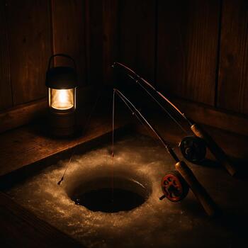 Night view inside an ice shack with a lit fishing hole and rods resting on a simple rack