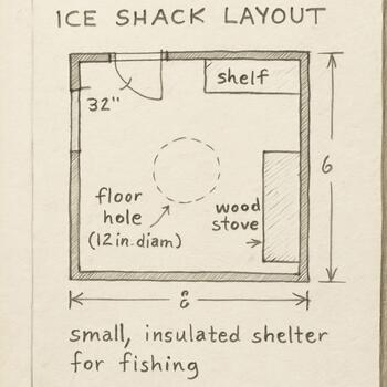 Notebook page with a hand-drawn ice shack layout and short notes in the margin
