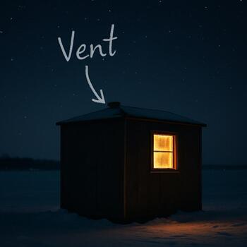 Night photo of an ice shack taped into a journal with a handwritten label underneath