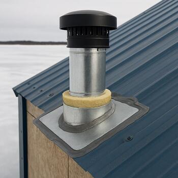 Close up of an ice shack roof vent with frost around the opening