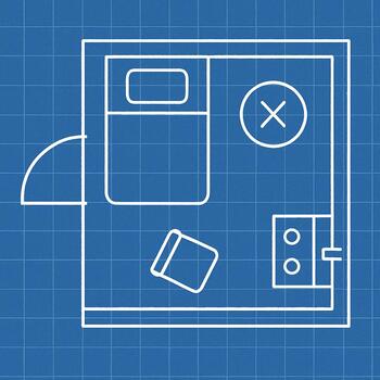 Compact ice shack top view with a single bunk and two fishing holes near the heater wall