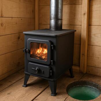 Ice shack stove with a metal vent pipe running through the roof panel