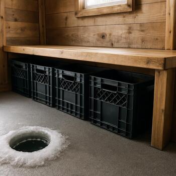 Wooden bench in an ice shack with storage crates underneath