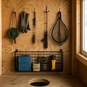 Ice shack wall with hooks and a mesh net holding coats and gear