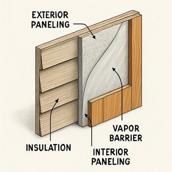 Close up of an ice shack wall panel showing wood and insulation layers