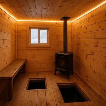 Warm strip lights running along the ceiling of an ice shack