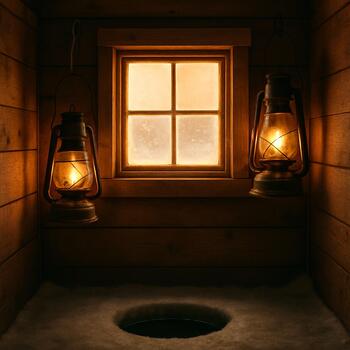 Ice shack window with two lanterns and warm frost on the glass