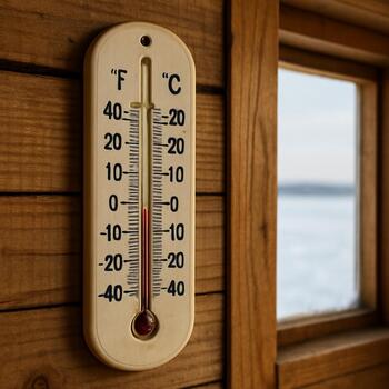 Analog thermometer mounted on an ice shack wall above a bunk