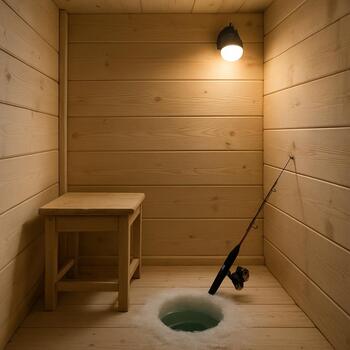 Minimal solo ice shack interior with a chair, one bunk and a single rod