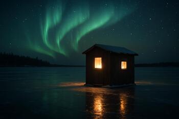 Single ice shack glowing on a dark lake with faint footprints in snow